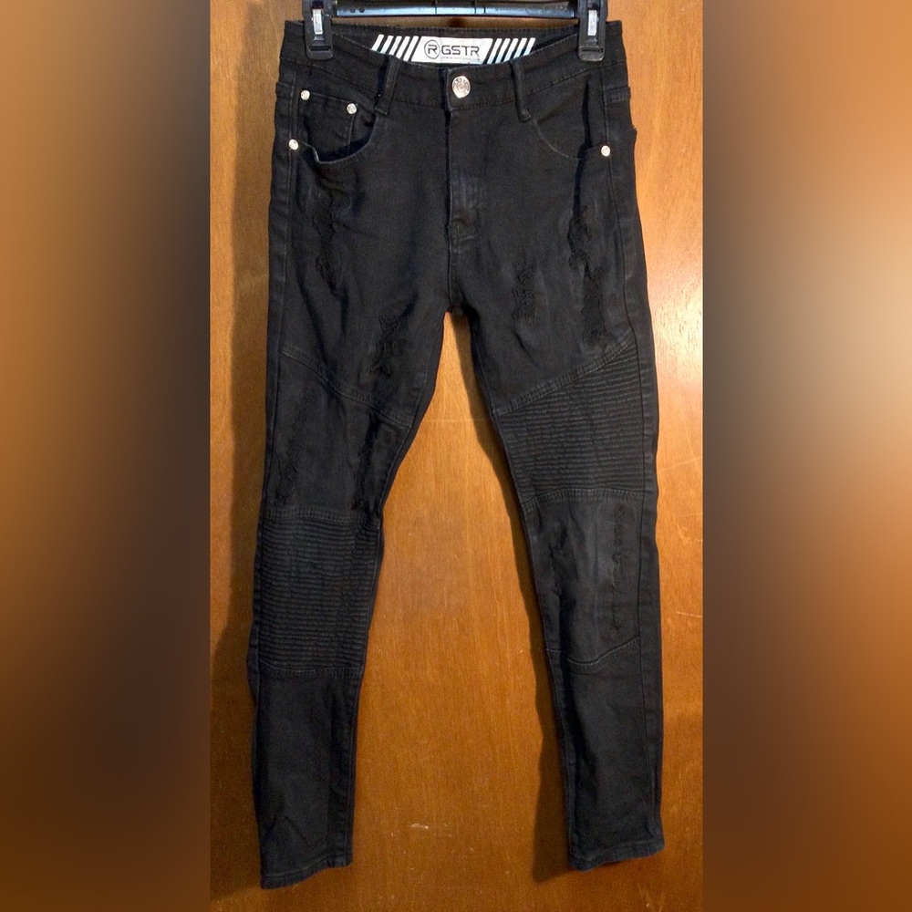 RGSTR Distressed Moto Jeans Men's Tag Size 30 Black Ripped Biker Stretch Denim
